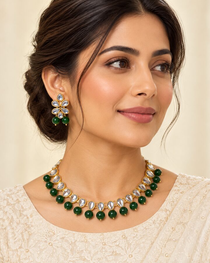 Green Kundan Jewellery Set worn view