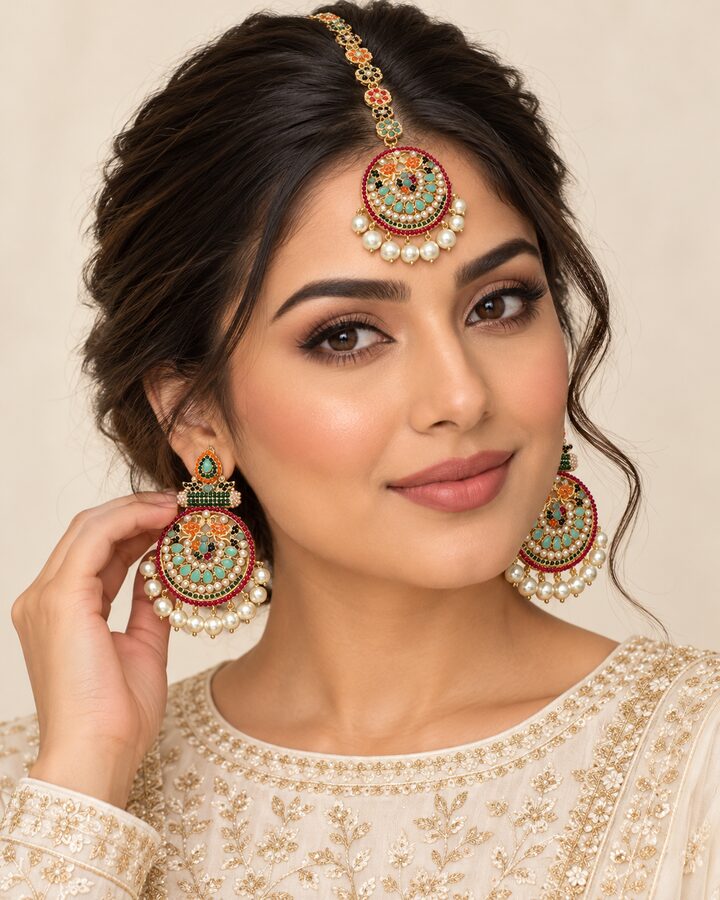 Mint Nauratan Jhumka Bindiya Set worn view