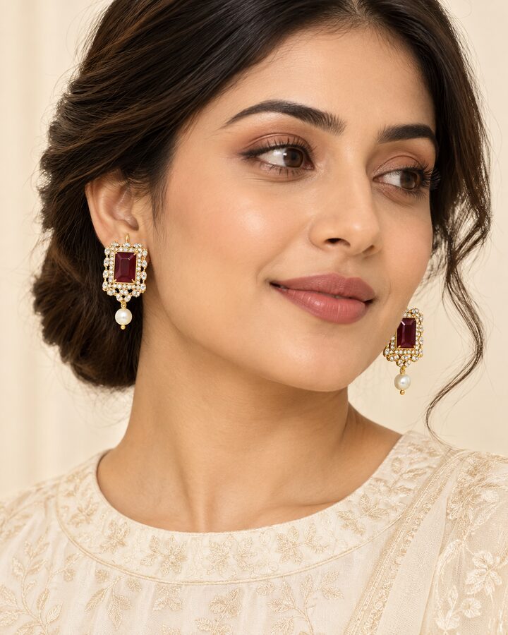 Maroon Embellished Earrings worn view