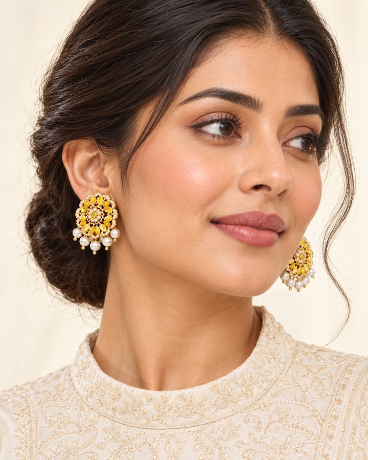 Yellow Nauratan Stud Earrings worn view