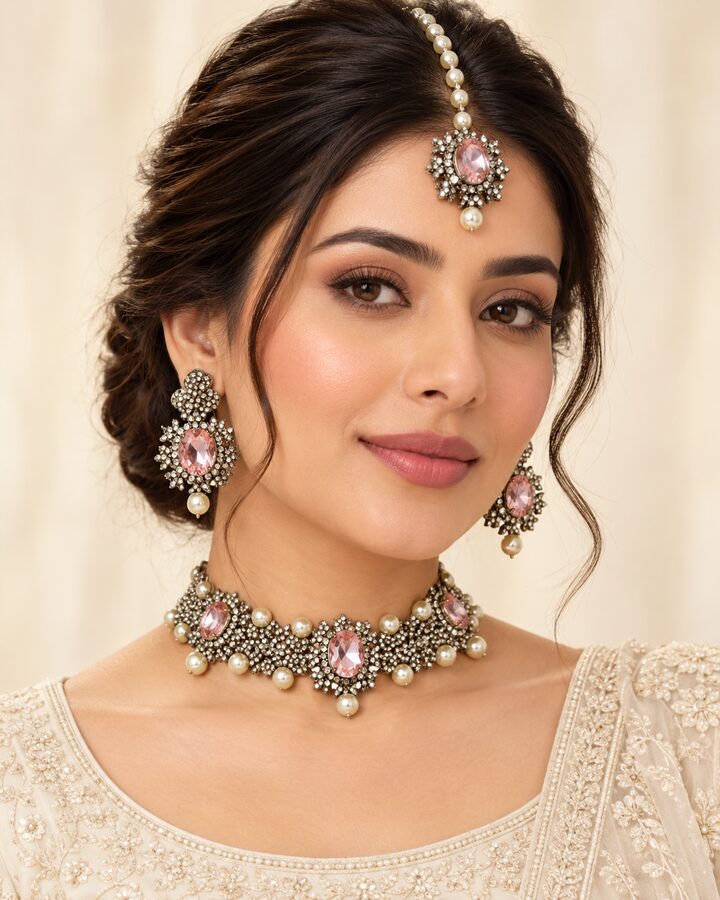 Pink Embellished Jewellery Set worn view