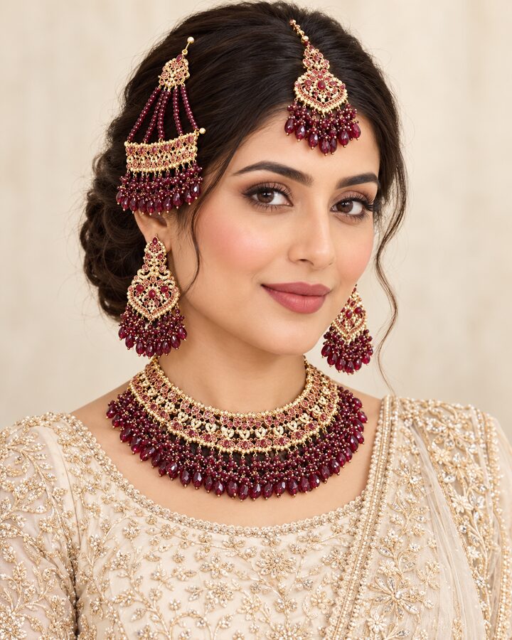 Premium Quality Bridal Set (maroon) worn view