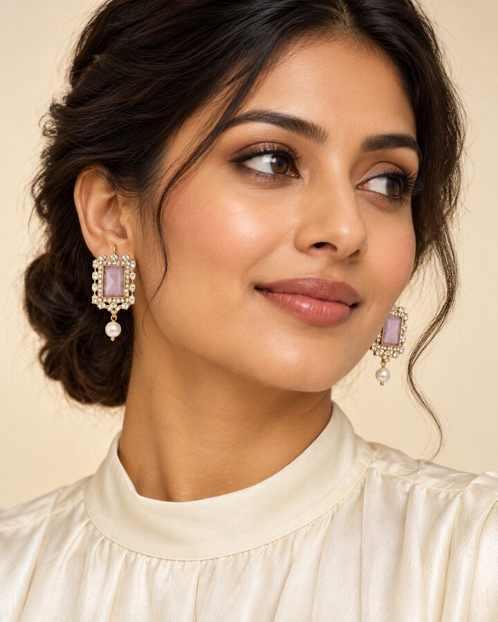 Pink Embellished Earrings worn view
