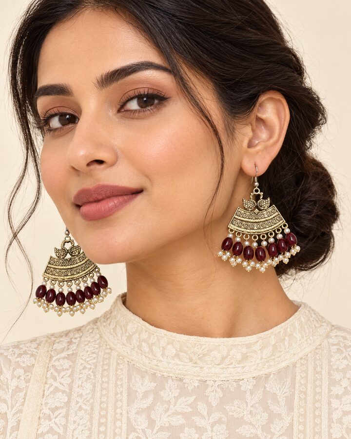 Maroon Oxidised Earrings worn view