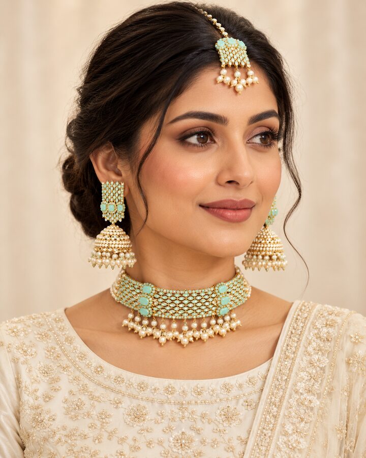 Mint Kundan Jewellery Set worn view