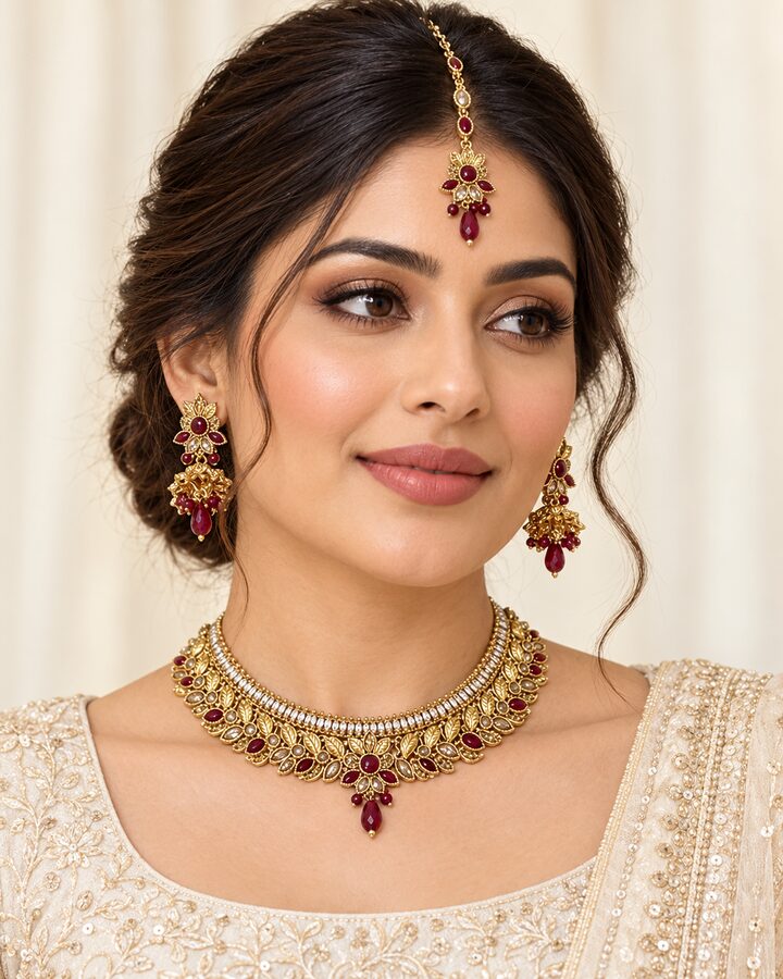 Maroon Zircon Jewellery Set worn view