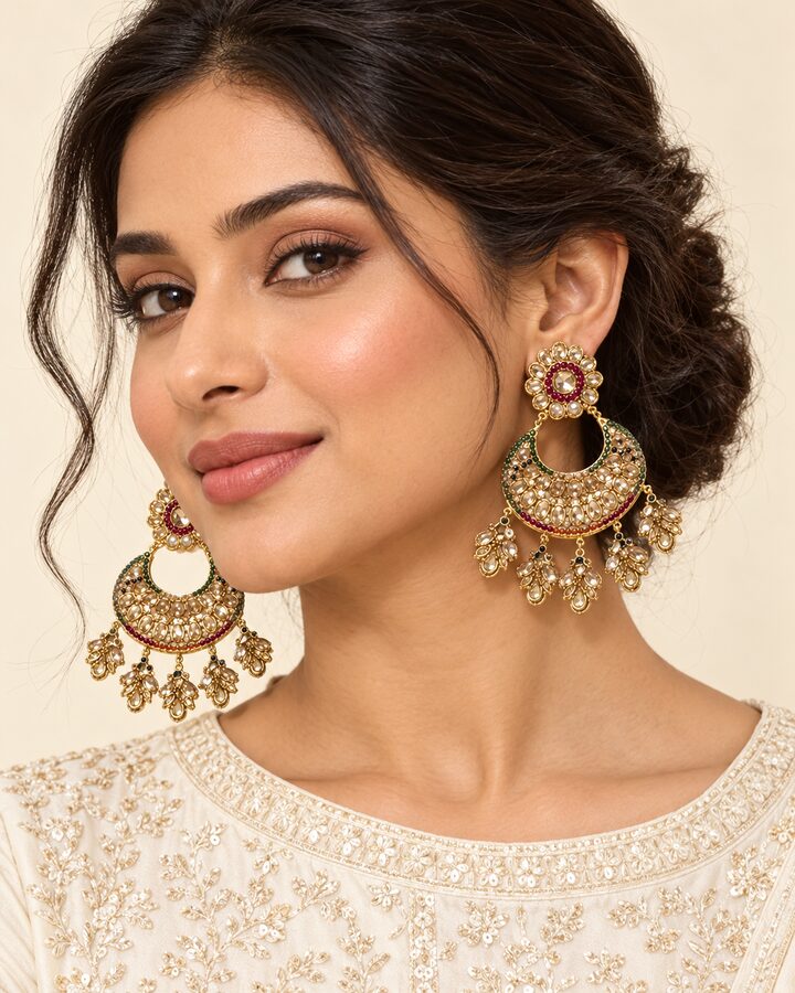 Champagne Kundan Earrings worn view