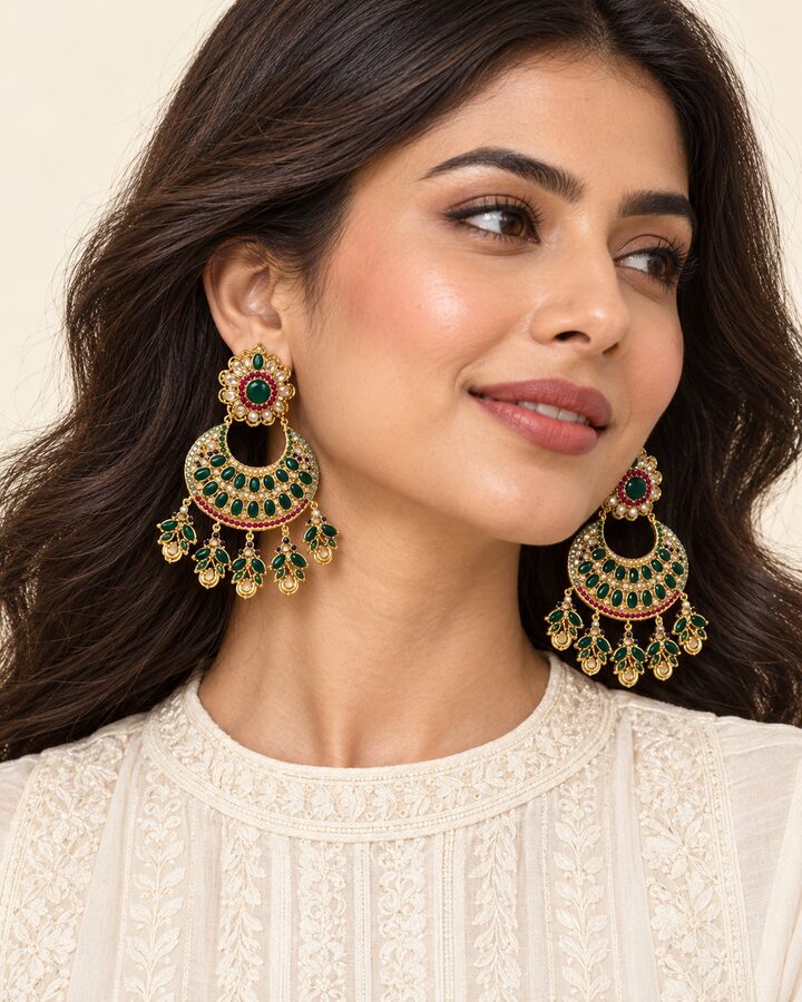 Green Kundan Earrings worn view