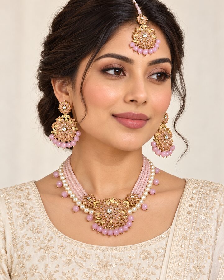 Pink Kundan Jewellery Set worn view