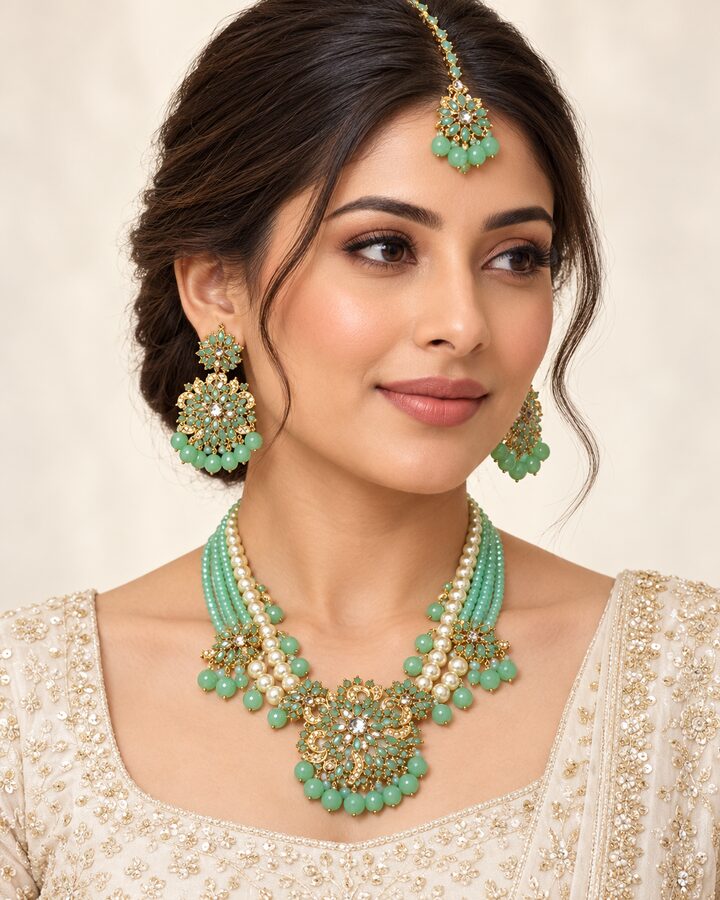 Mint Kundan Jewellery Set worn view