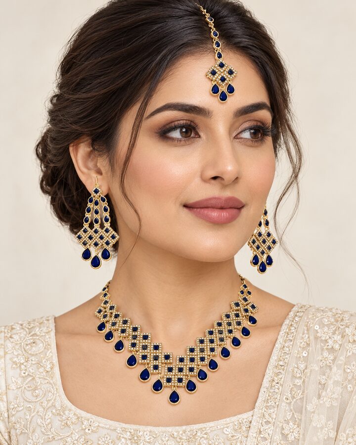 Blue Embellished Jewellery Set worn view