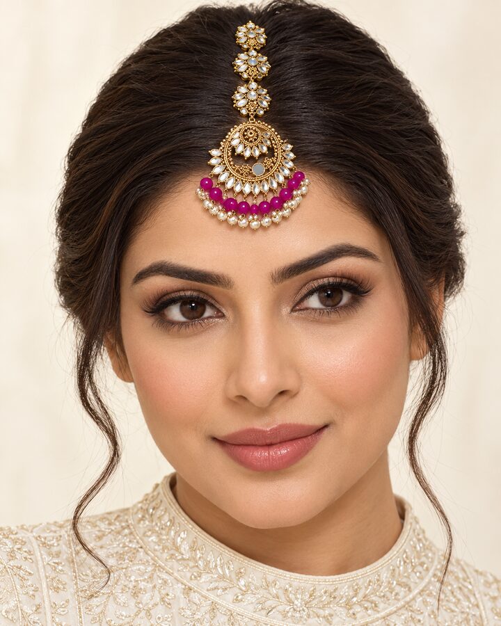 Pink Kundan Tikka worn view