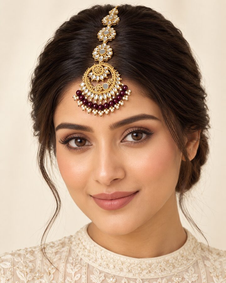 Maroon Kundan Tikka worn view