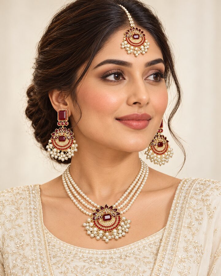 Maroon Nauratan Jewellery Set worn view
