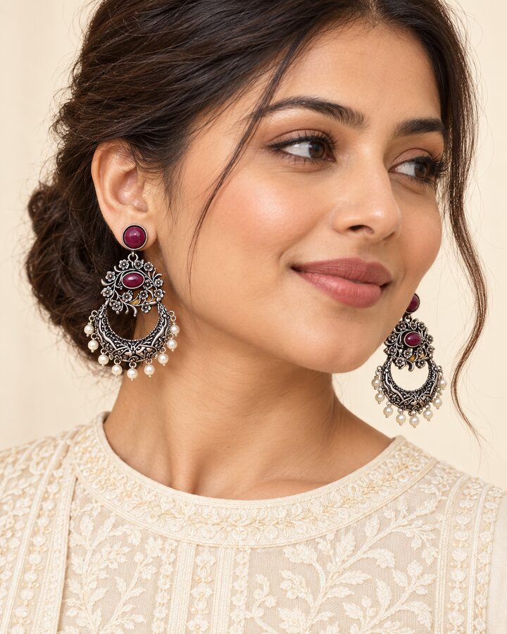 Maroon Oxidised Earrings worn view
