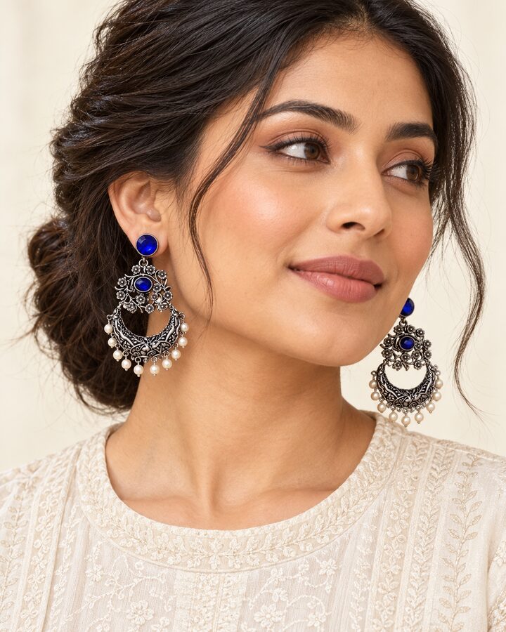 Blue Oxidised Earrings worn view