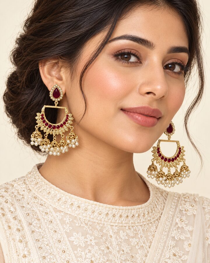 Maroon Jhumka Earrings worn view