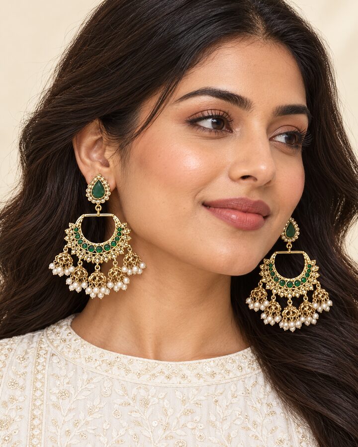 Green Jhumka Earrings worn view