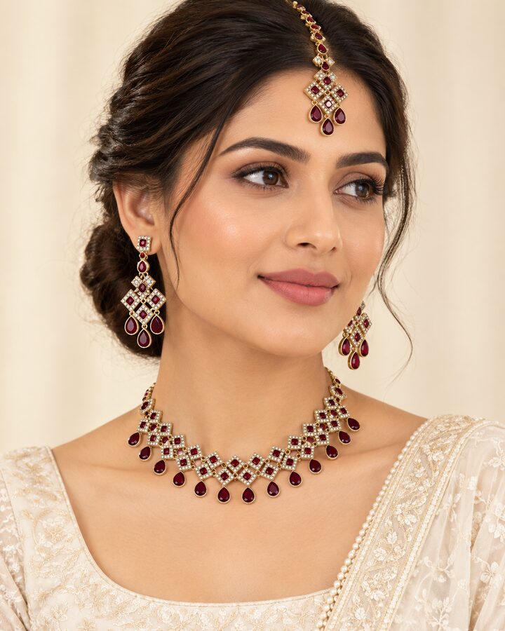 Maroon Embellished Jewellery Set worn view