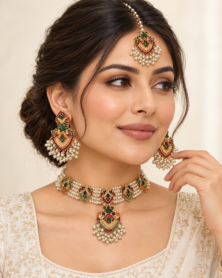 Green Nauratan Jewellery Set worn view