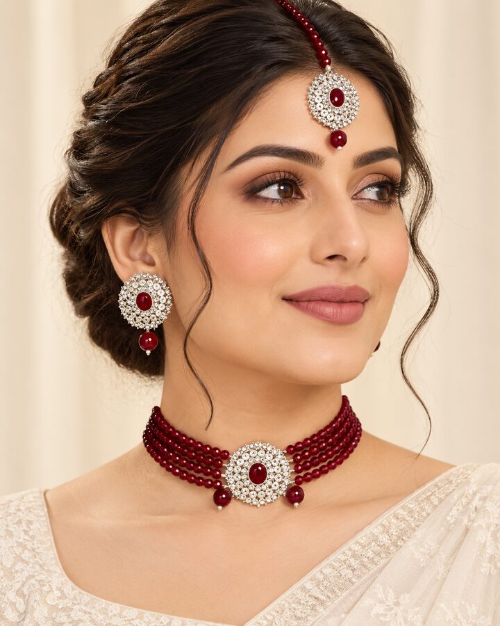 Maroon Kundan Choker Set worn view