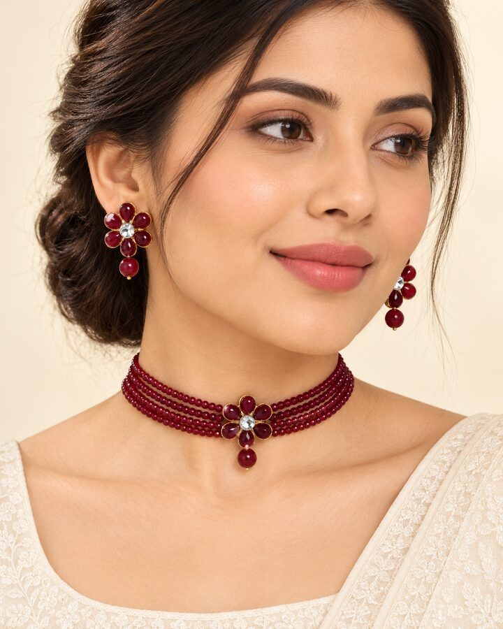Maroon Kundan Jewellery Set worn view