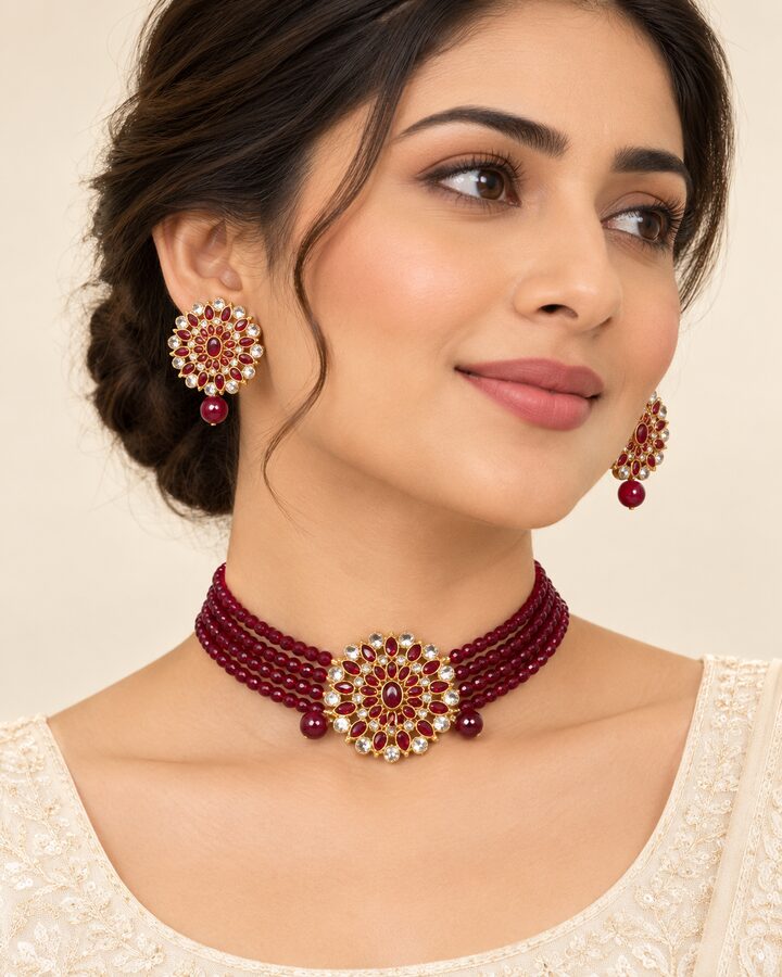 Maroon Kundan Jewellery Set worn view