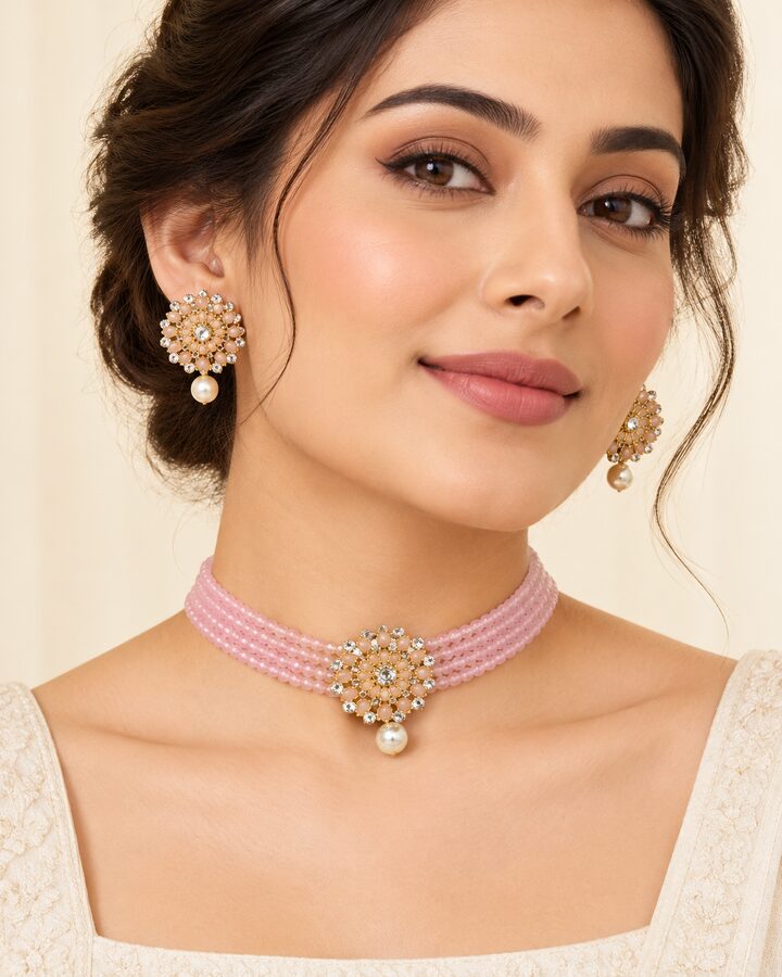 Pink Kundan Jewellery Set worn view