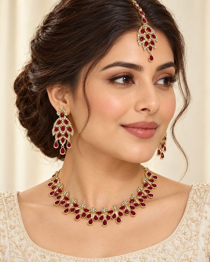 Maroon Zircon Jewellery Set worn view