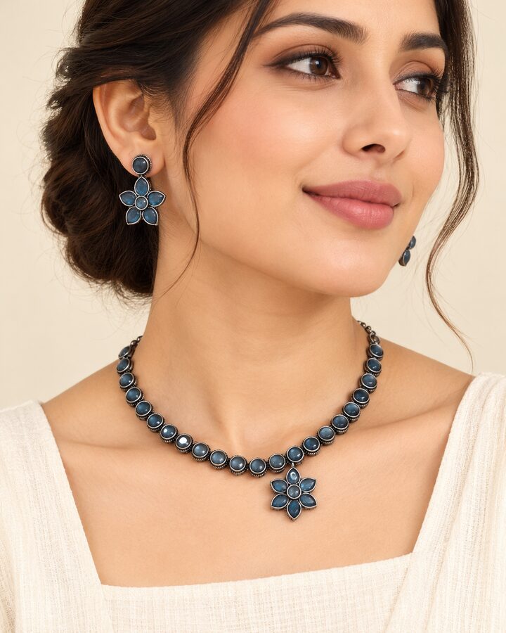 Blue Antique Jewellery Set worn view