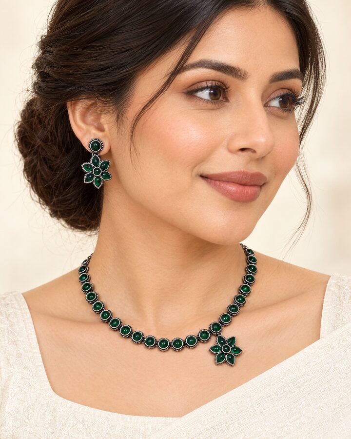 Green Oxidised Jewellery Set worn view