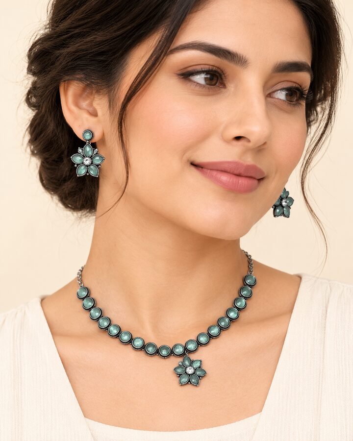 Mint Oxidised Jewellery Set worn view