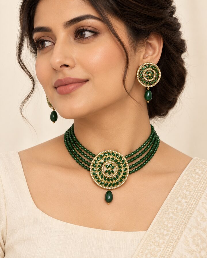 Green Kundan Jewellery Set worn view