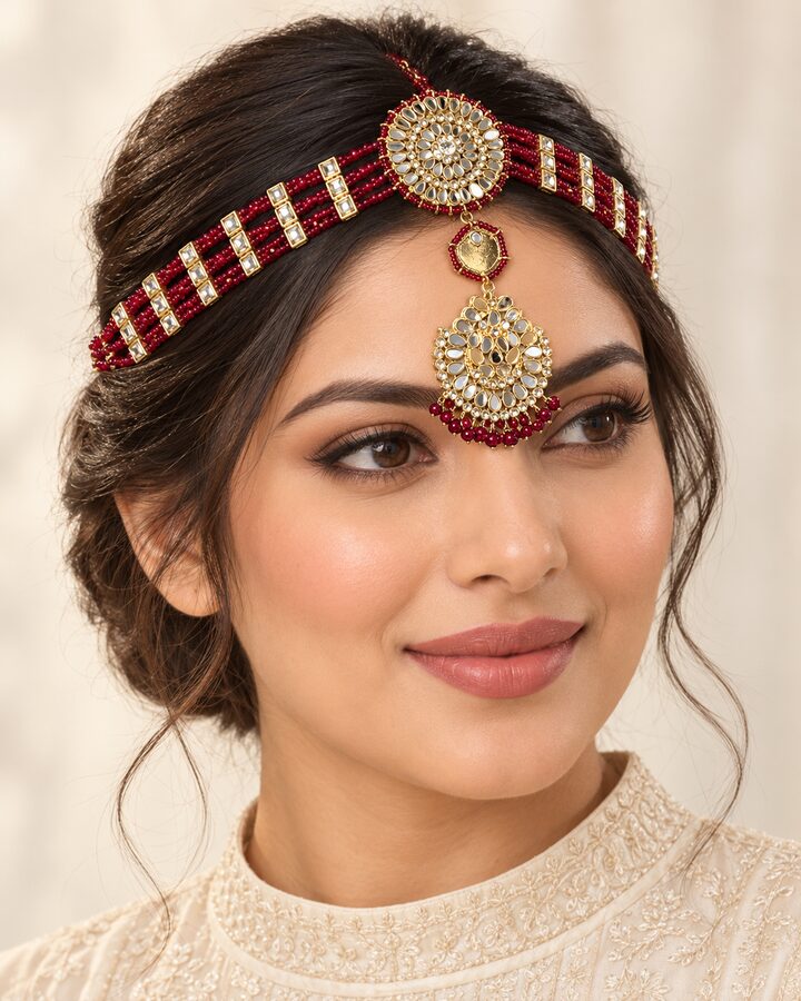 Red Kundan Matha Patti worn view