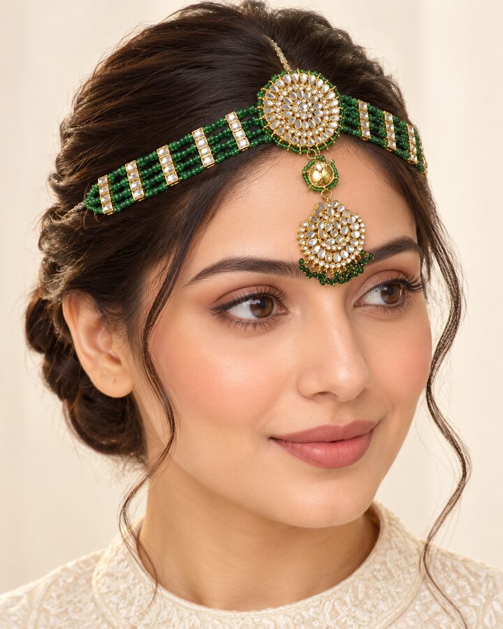 Green Kundan Matha Patti worn view