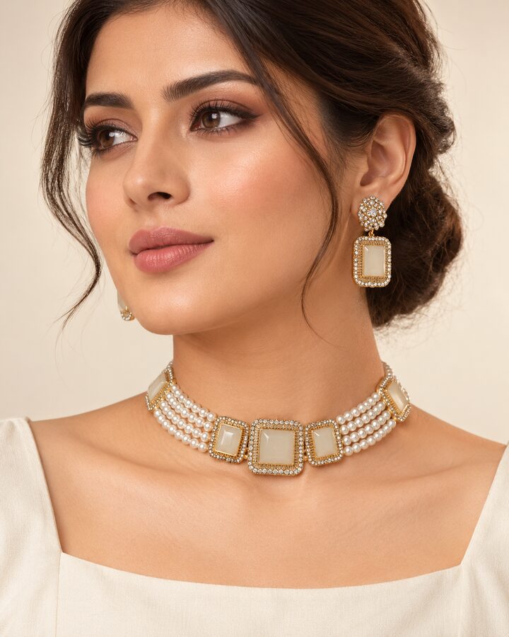 Pearl Embellished Jewellery Set worn view
