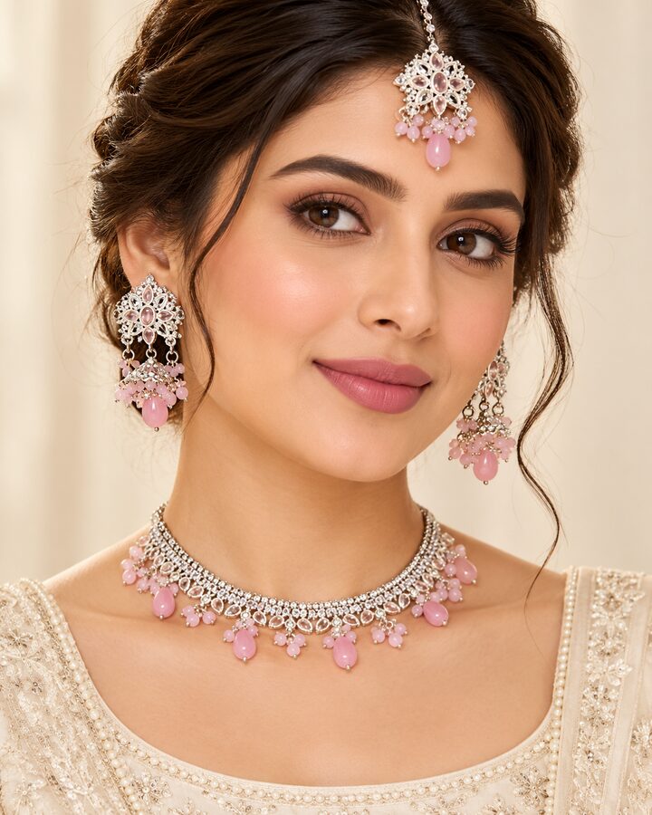 Pink Zircon Jewellery Set in Silver Tone worn view