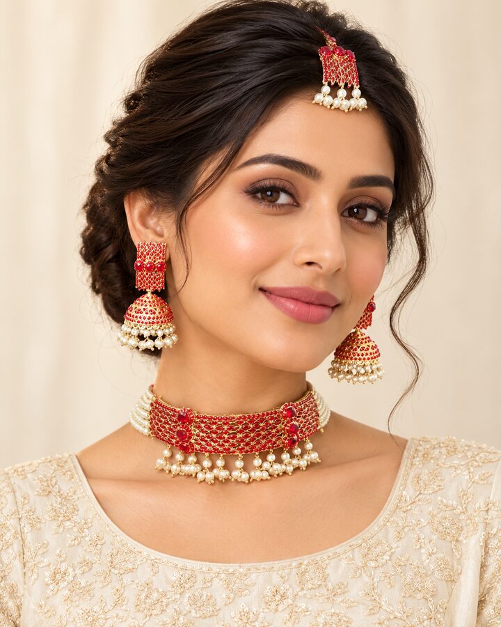 Red Kundan Jewellery Set worn view