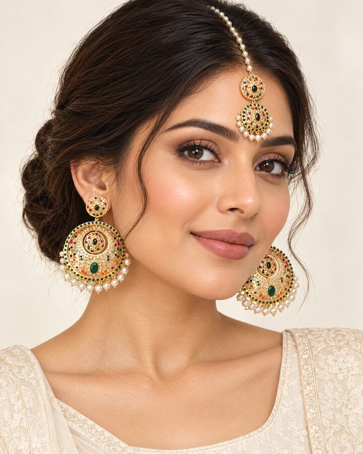Green Nauratan Jhumka Bindiya Set worn view