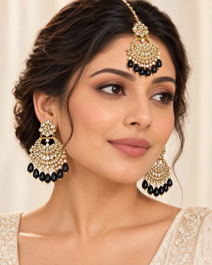 Black Kundan Jhumka Bindiya Set worn view