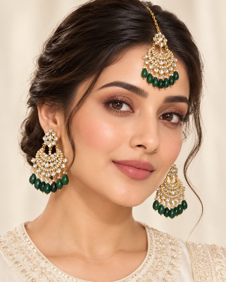 Green Kundan Jhumka Bindiya Set worn view