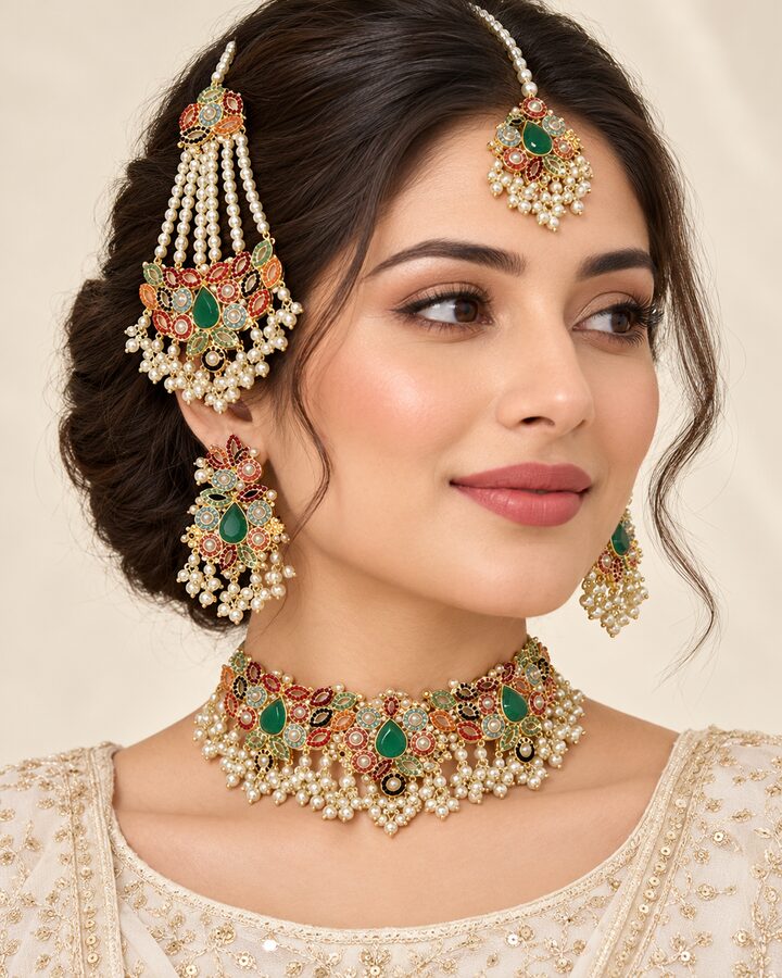 Green Nauratan Set with jhoomer worn view