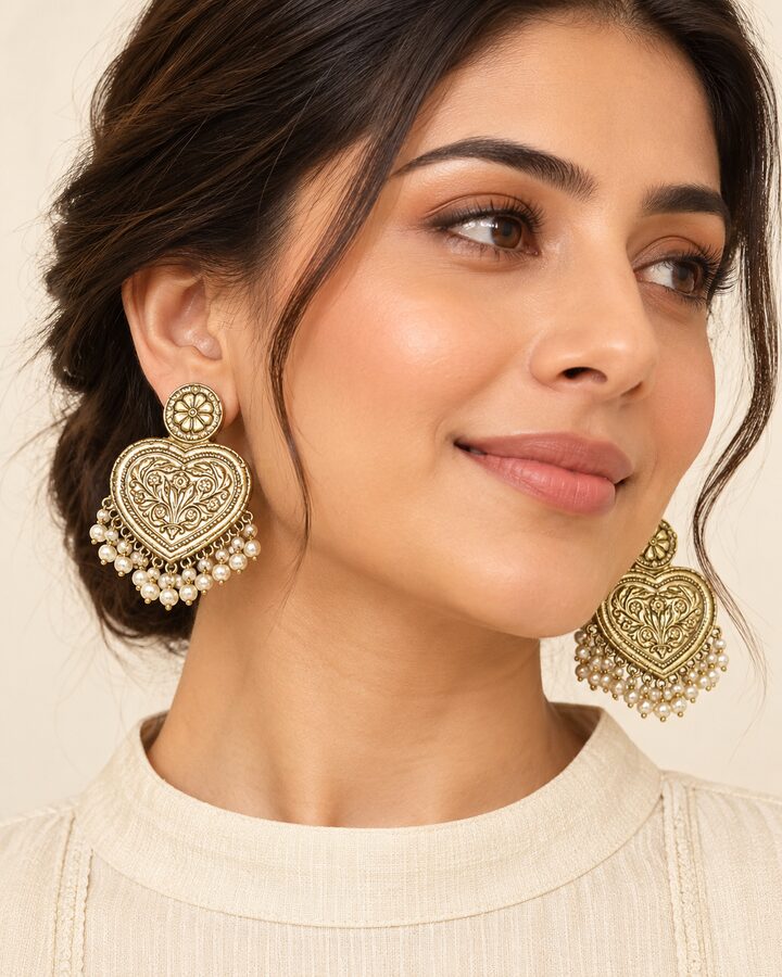 Oxidised Jhumka Earrings worn view