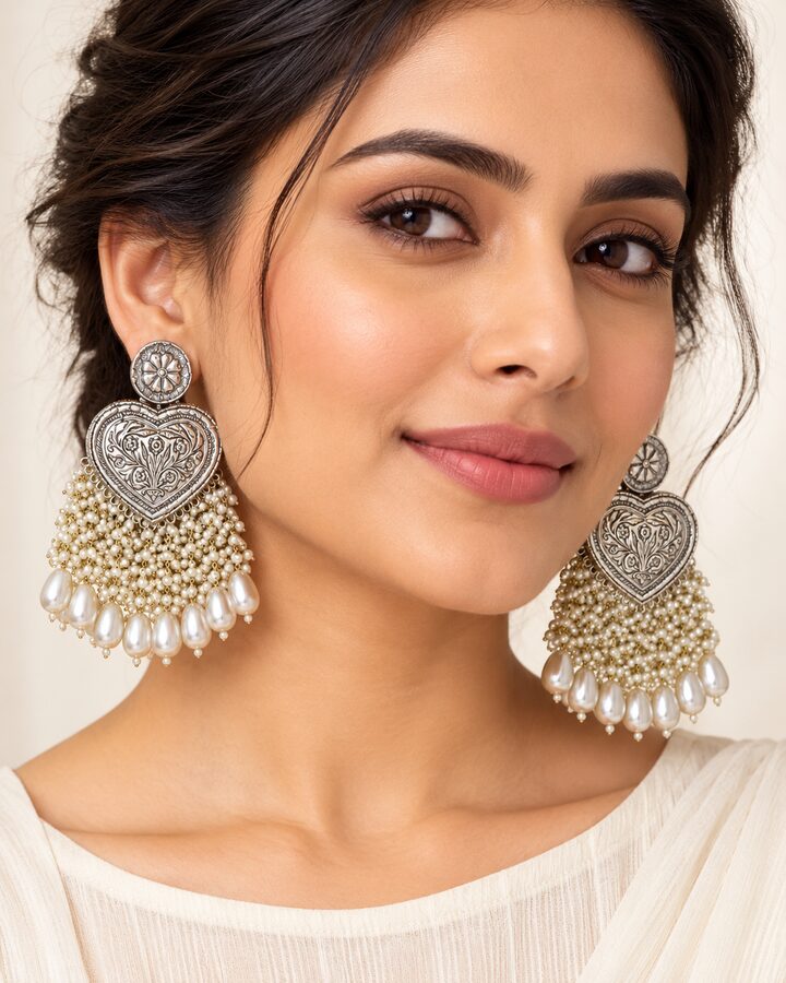Silver Oxidised Jhumka Earrings worn view