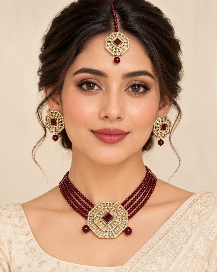 Maroon Embellished Jewellery Set worn view