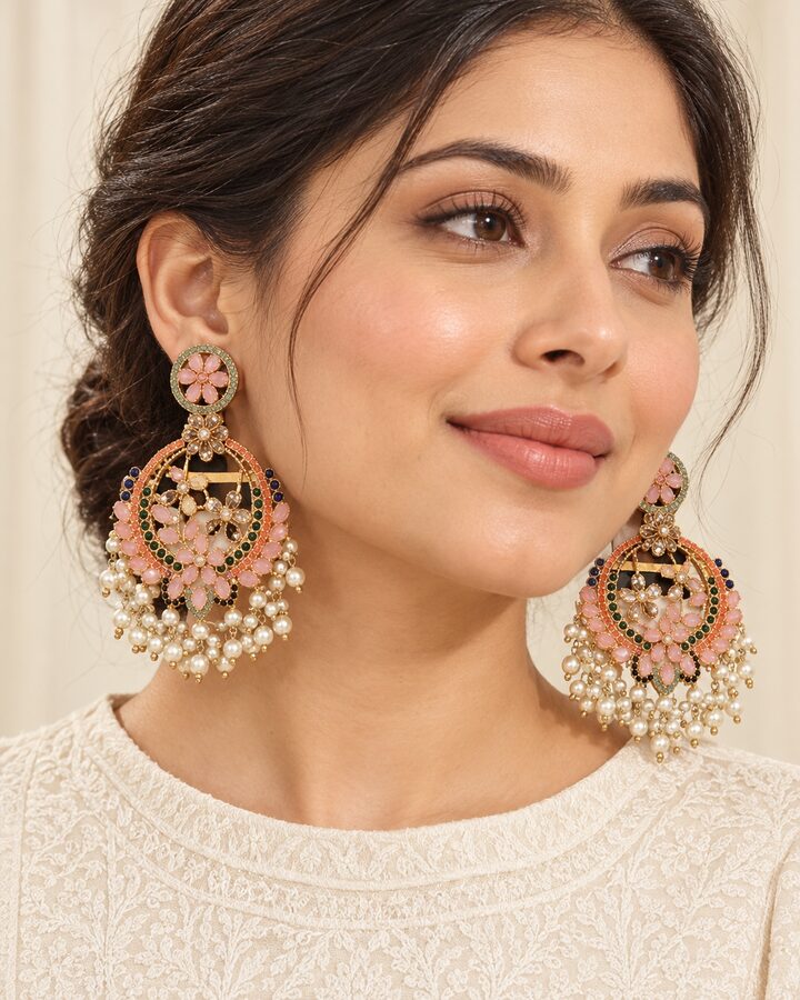 Pink Nauratan Jhumka Earrings worn view