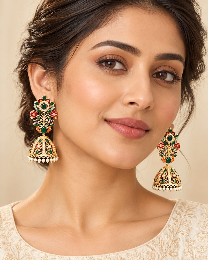 Green Nauratan Jhumka Earrings worn view