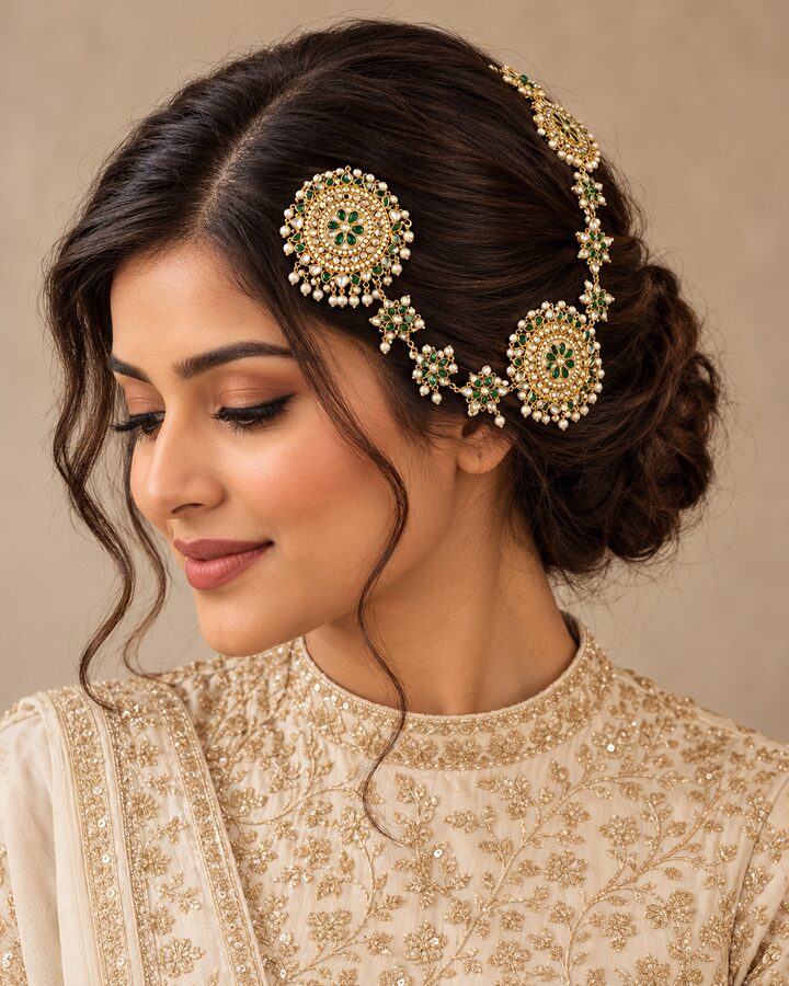 Green Kundan Hair Accessory worn view