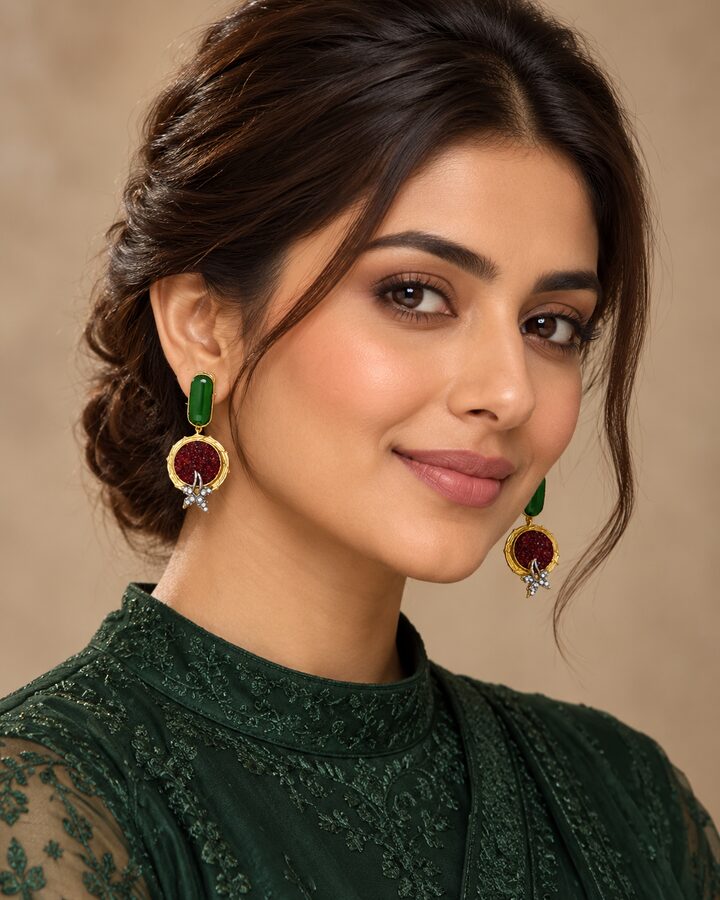 Green and Red Earrings worn view