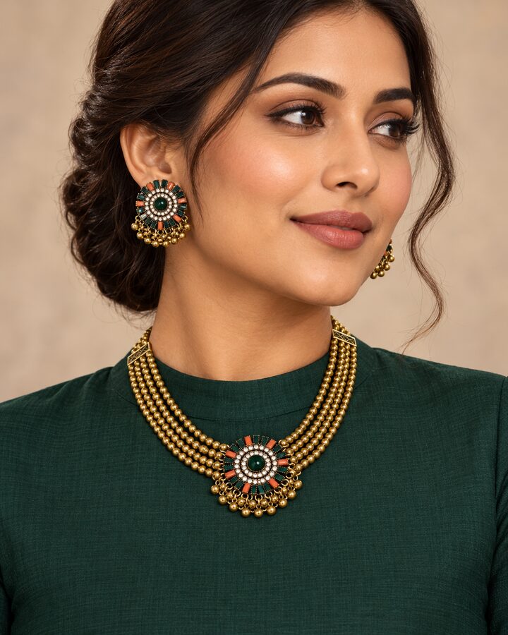 Green Oxidised Jewellery Set worn view